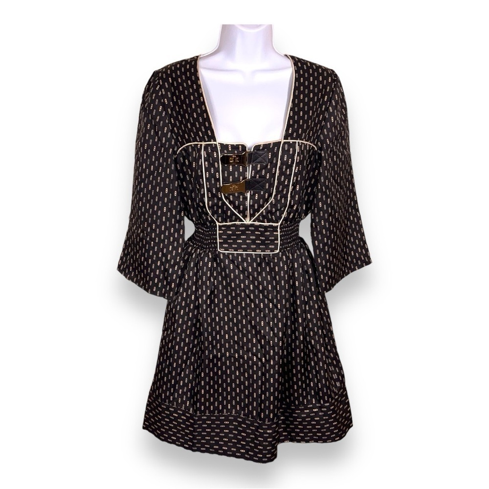 SIZE 6 LAUREN MOFFATT SILK DRESS LUXURY BLACK GOLD BEIGE ELASTIC WAIST EVENT